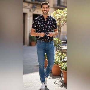 WXYZ MFG CO. Mens Skelton's Floral Size medium Button Down Black Halloween Shirt